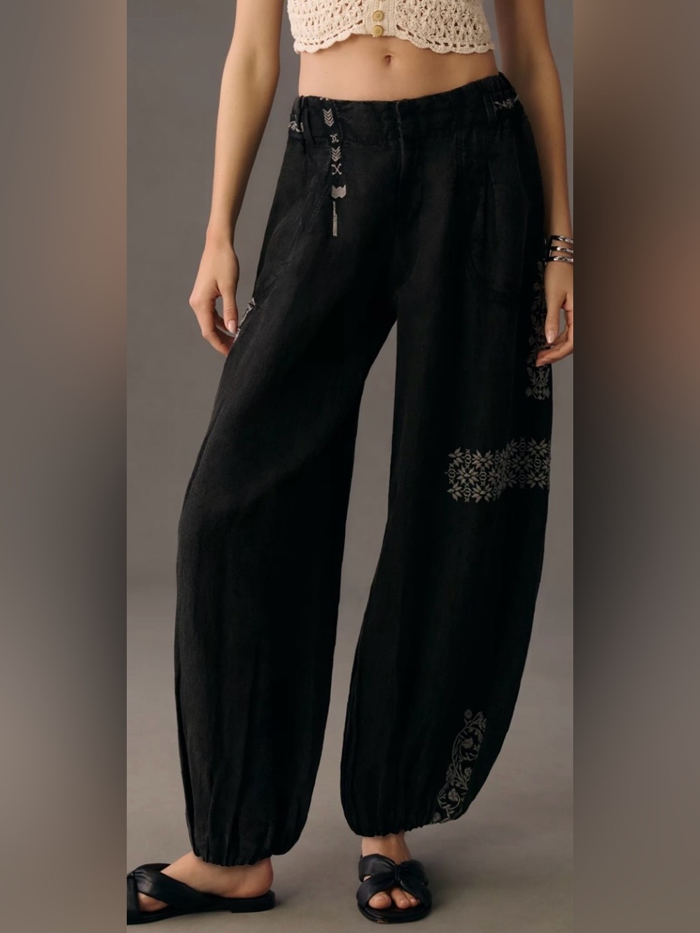 Anthropologie embroidered parachute balloon linen pants Y2K festival boho chic